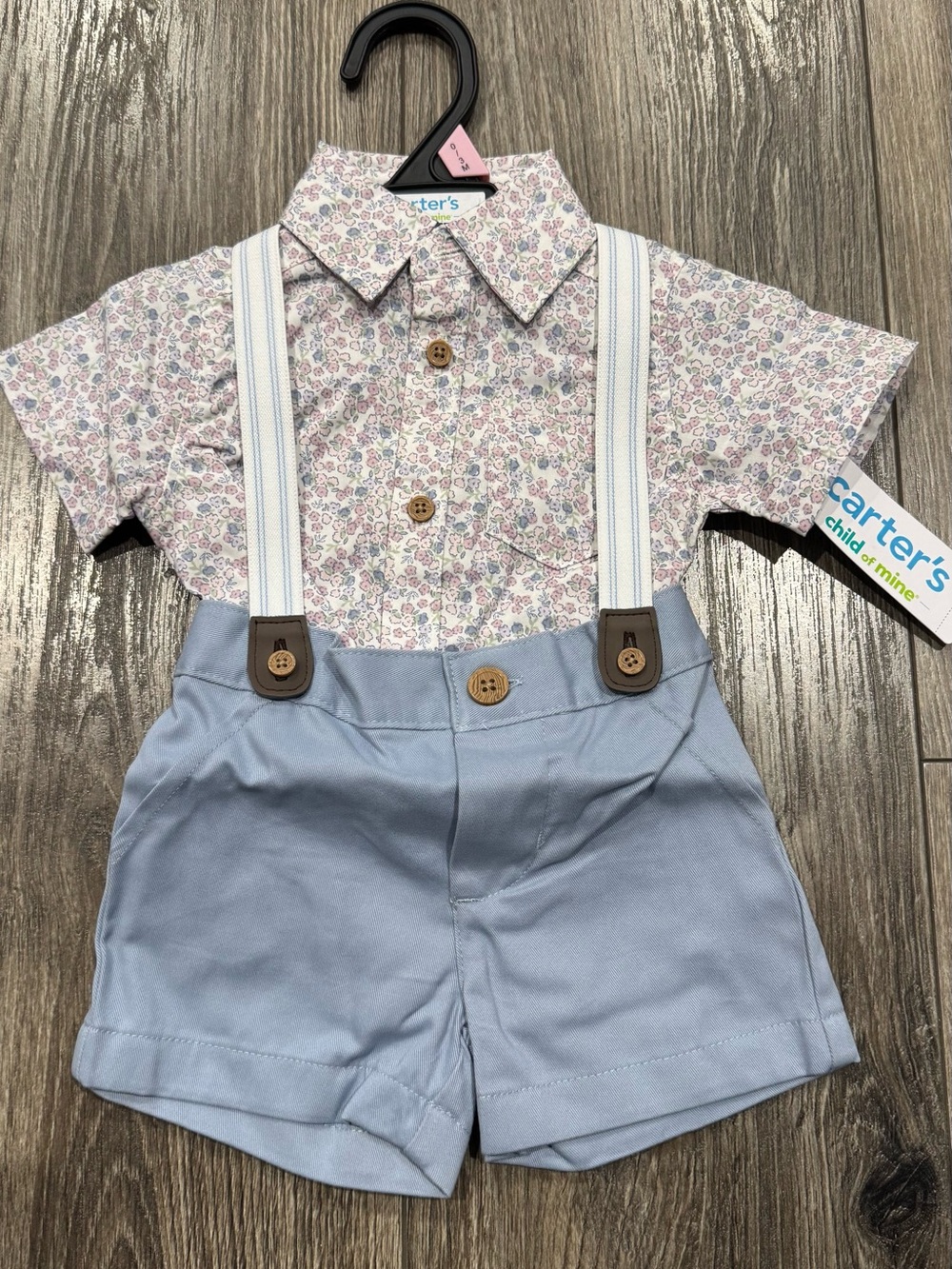 NWT Carter's Blue Short Set with Floral Shirt and White-Striped Suspenders